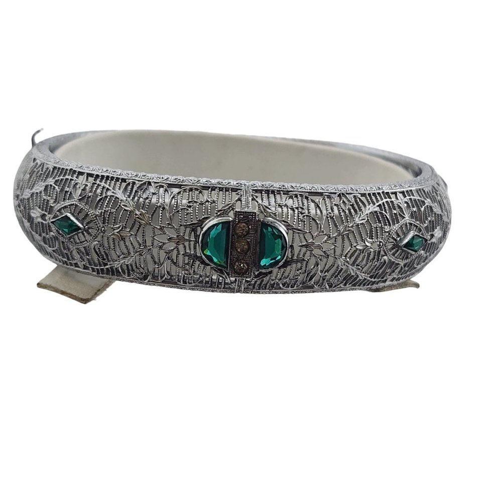 Antique Signed Edwardian Filigree Glass Bangle Bracelet (A3790)